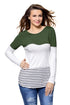 Sexy Olive White Color Block Striped Long Sleeve Blouse Top